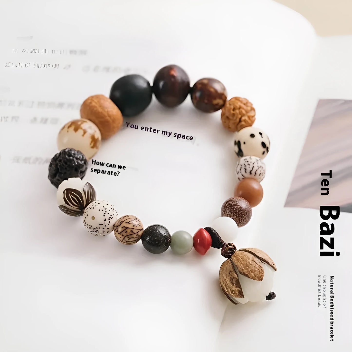 Women's 18-seed Bodhi seed bracelet with geometric pattern measuring 16cm wrist circumference