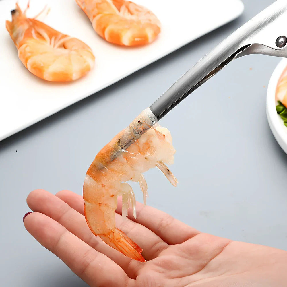 Stainless steel shrimp peeler tool with ergonomic handle for quick shellfish preparation