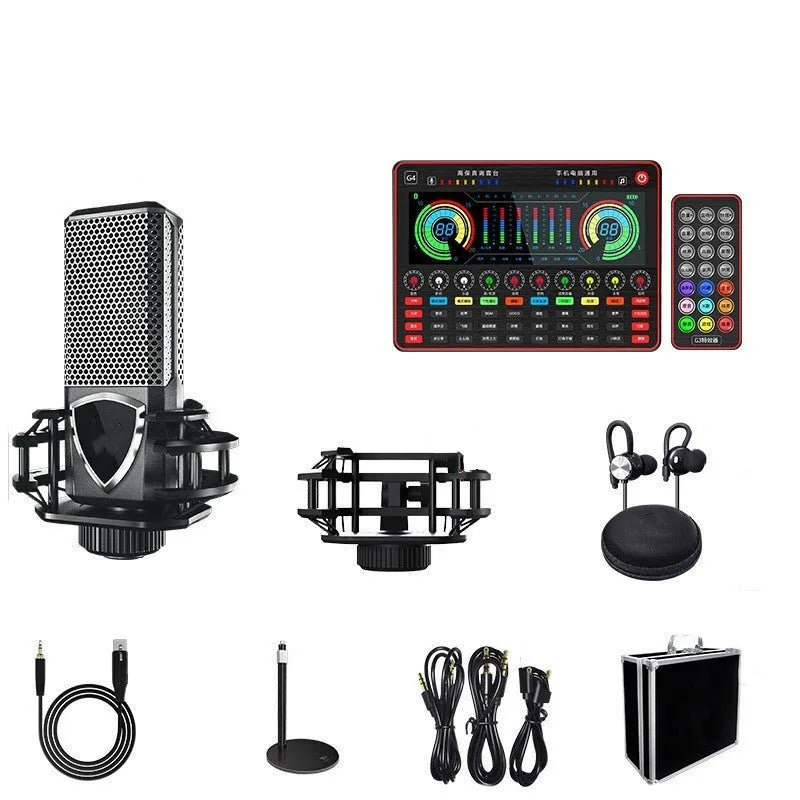 G4 professional USB sound card mixer with LCD screen, multiple knobs, and included microphone and cables