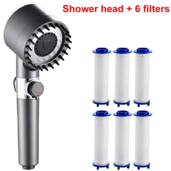 Premium multi-function shower head with rainfall and massage modes, made of durable ABS material and featuring a built-in water filter.