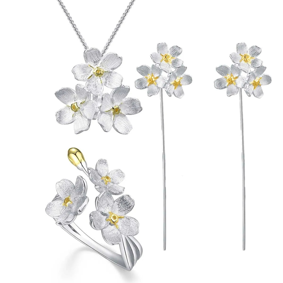 Myosotis Sylvatica sterling silver floral pendant with open mouth design in pastoral style