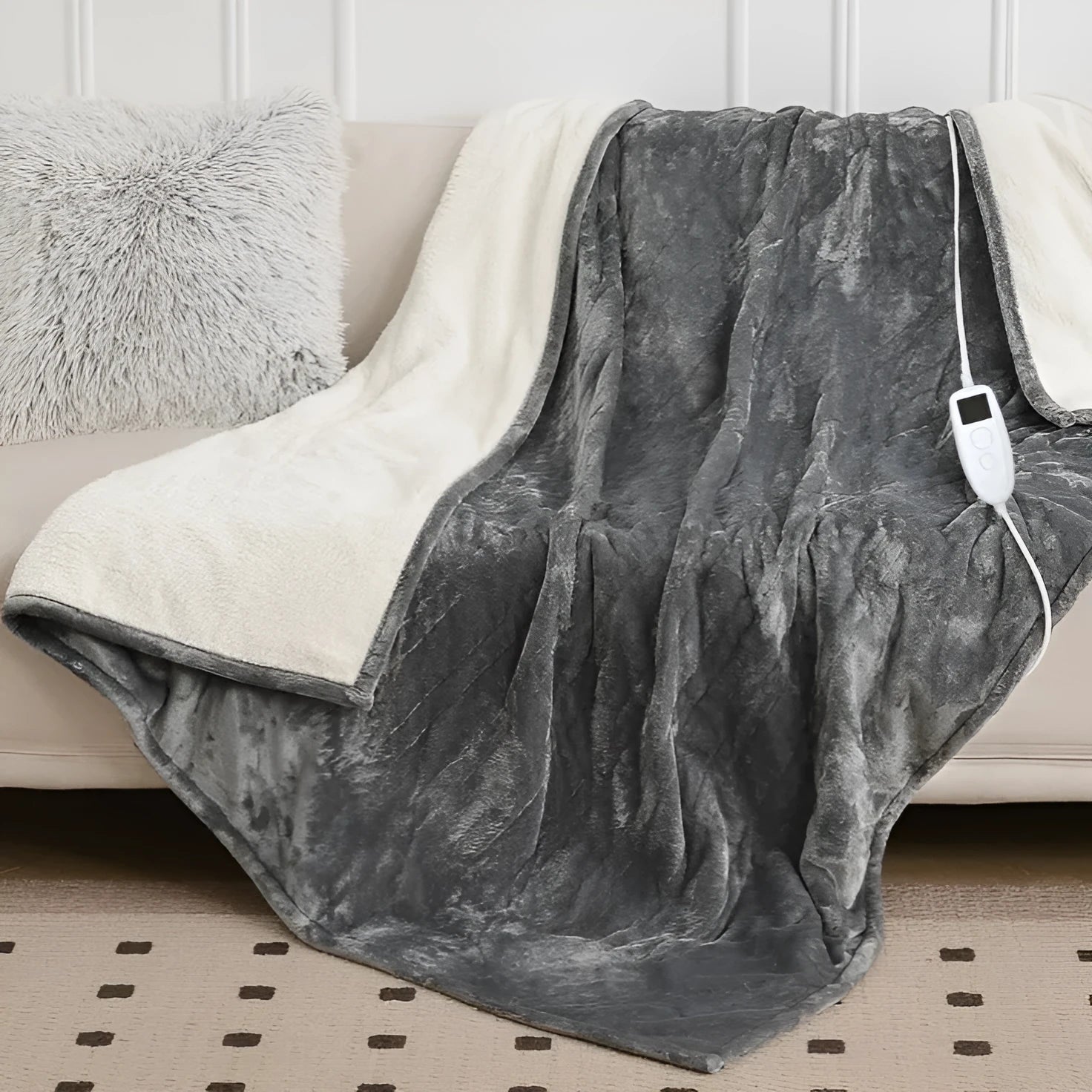 Light grey cotton electric blanket showing adjustable controls, displayed in a home setting.