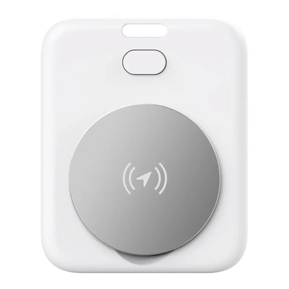 White ABS plastic pet GPS tracker with Apple device compatibility, showing compact design and collar attachment.