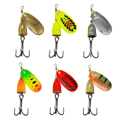 R composite rotating sequins copper bell fishing lure in seven colours showing 3# size and metal construction