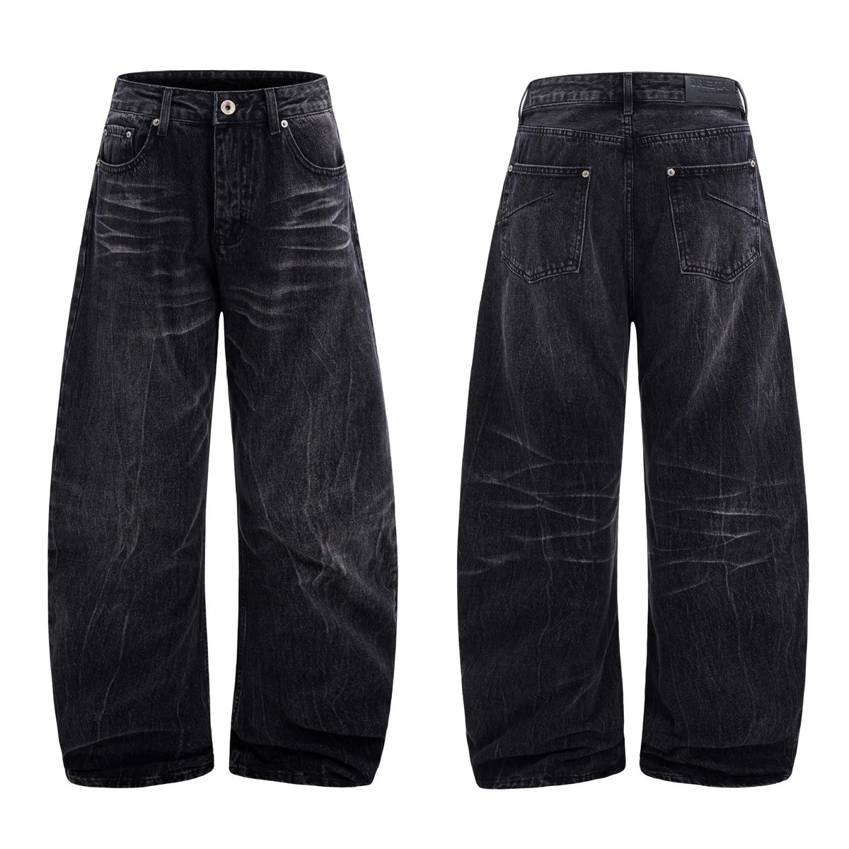 Men's black straight-leg jeans featuring a distinctive lightning crack washed pattern on the denim.