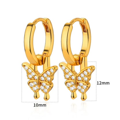 Women's copper geometric butterfly earrings with diamond treatment in heart, bow, and star shapes, multiple colour options