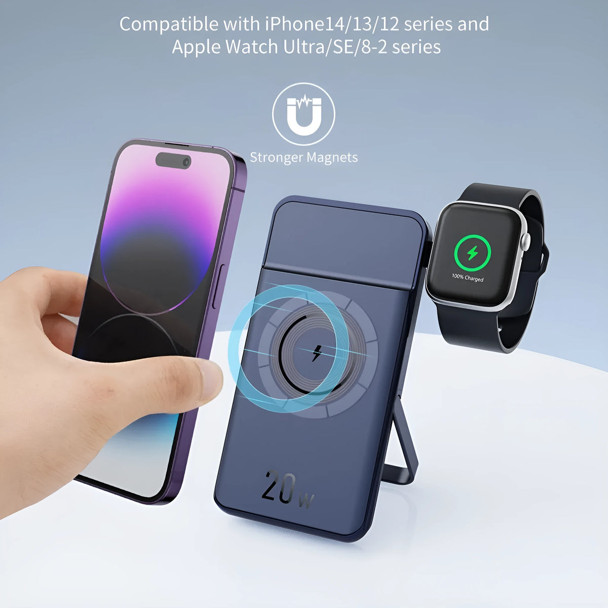 Black industrial style magnetic wireless power bank with 10000mAh capacity and bracket design