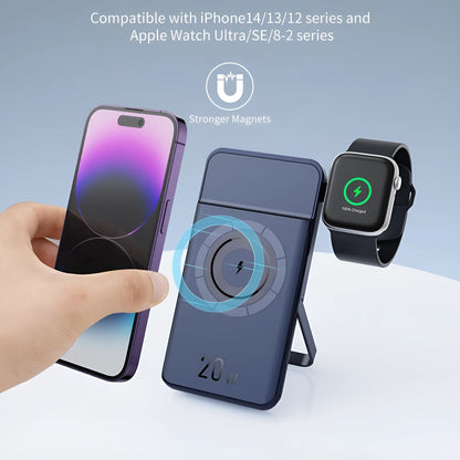 Black industrial style magnetic wireless power bank with 10000mAh capacity and bracket design