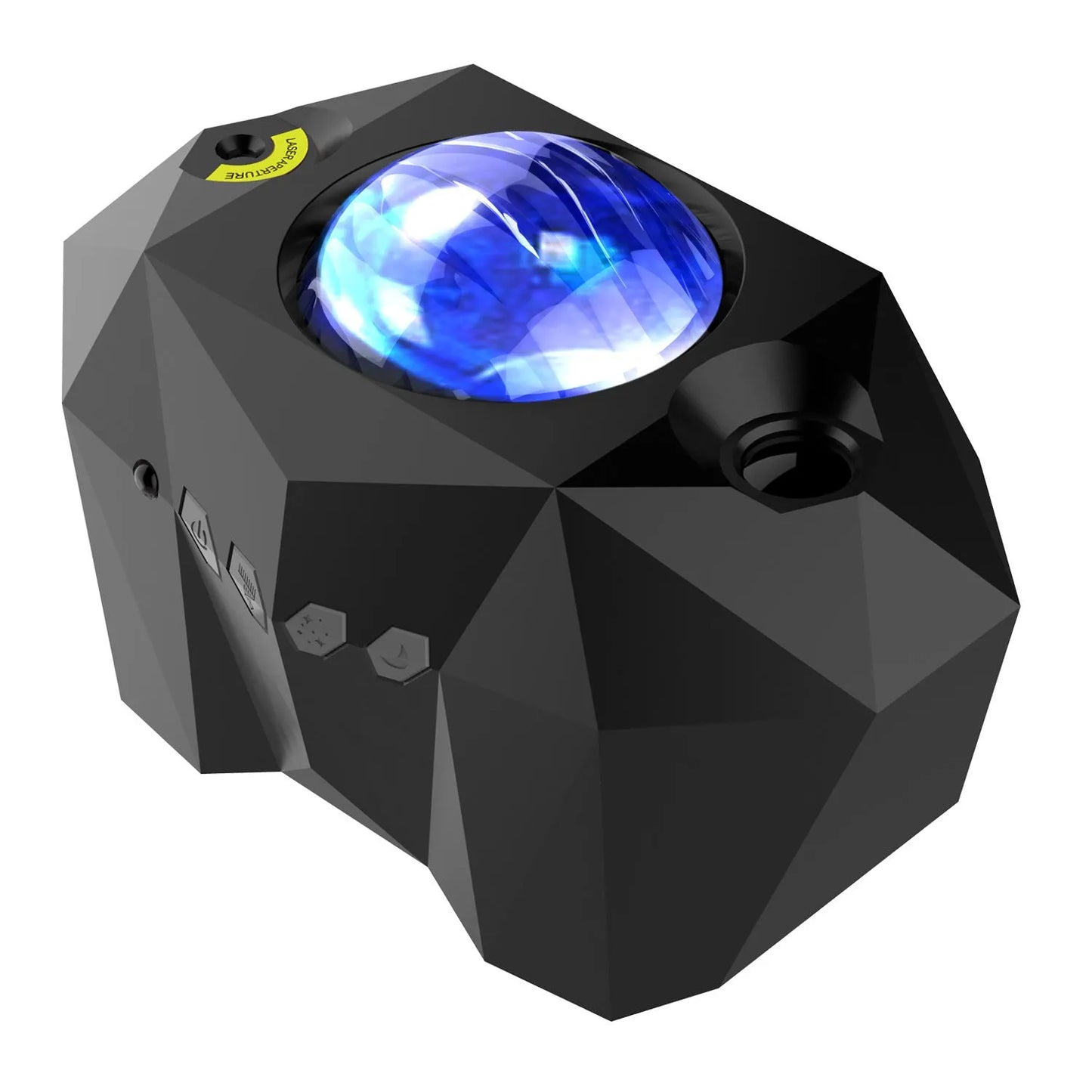 Black and white LED Dream Aurora Borealis light projector with remote control on a table