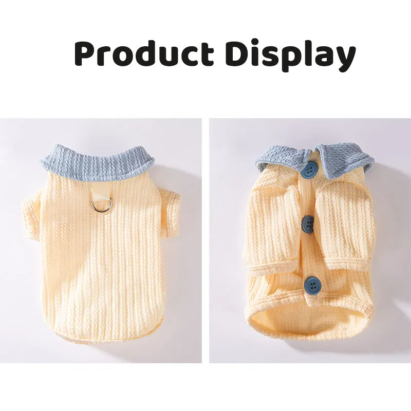 Yellow two-legged dog shirt with bow tie collar for small and medium dogs, sizes XS-XXL