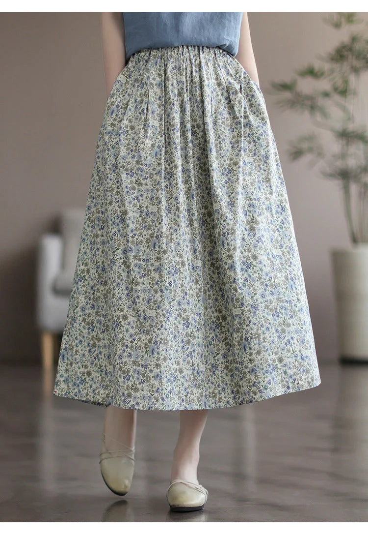 Elegant floral-printed cotton skirt with pleated design, available in yellow and blue flower patterns