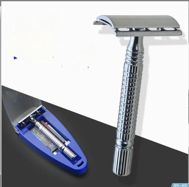 Chrome silver butterfly open double edged safety razor with stainless steel handle on storage box