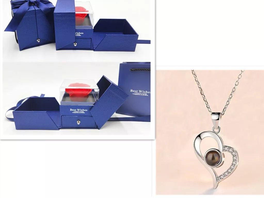Valentine's Day Metal Rose Jewelry Gift Box Necklace with adjustable crystal necklace and maroon gift box