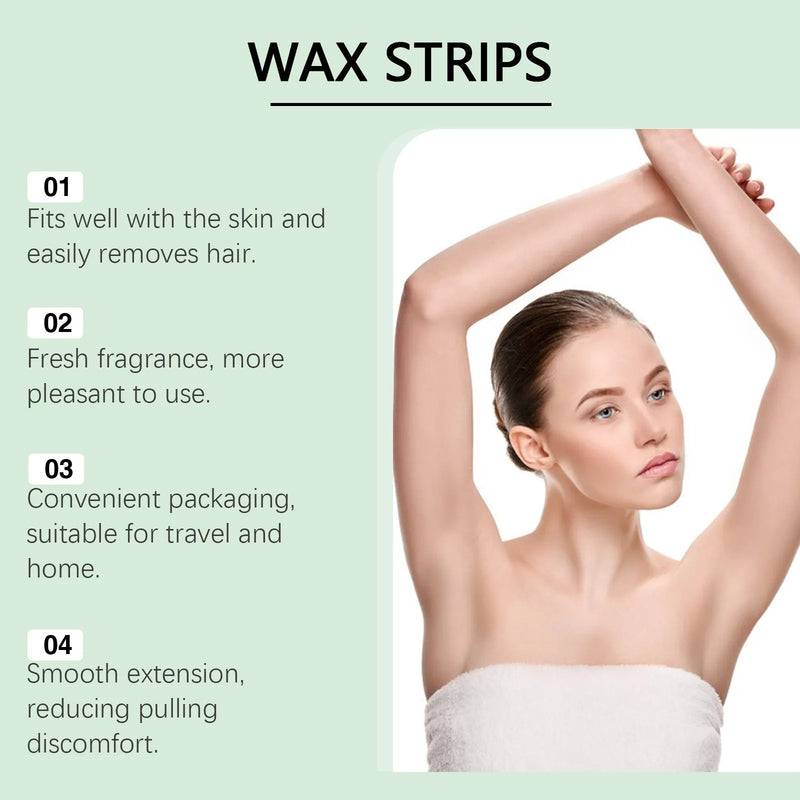 Facial and body hair removal wax stickers set with 20 pre-waxed strips and 5 aftercare wet wipes for convenient at-home hair removal treatments on various skin types