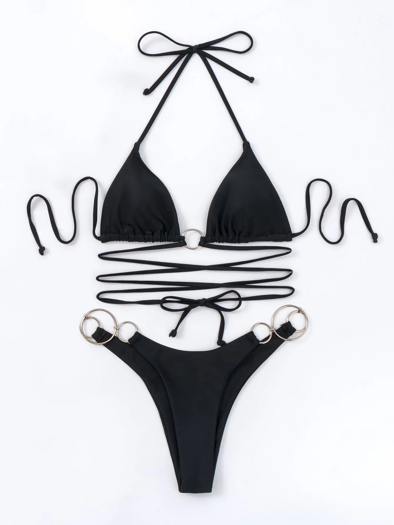 Black women's bikini set with metal ring detail and long straps, showing front and back.