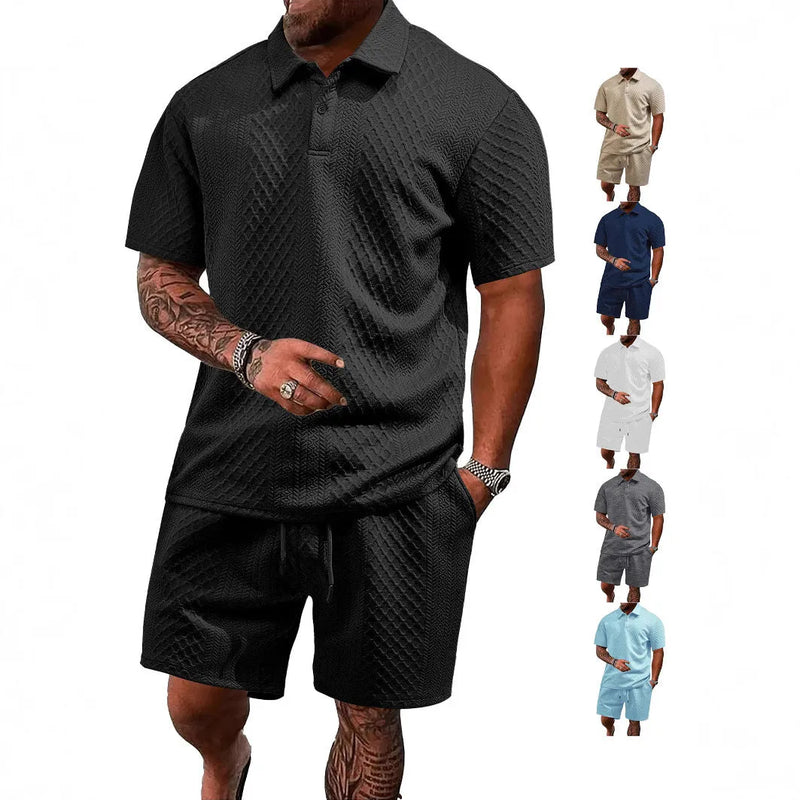 Men's casual thin short sleeve suit in patterned cloth for sports and leisure wear, available in white, navy blue, black, khaki, heather gray, light blue, wine red and light grey colours with S, M, L, XL, XXL and XXXL sizing options.