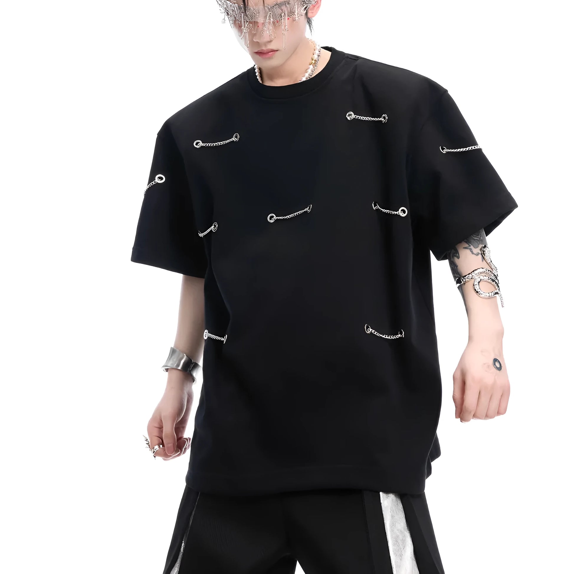 Black men's t-shirt with metal chain and padded shoulder detail on a short sleeve cotton-polyester blend.