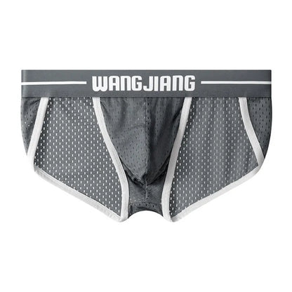 Men's solid colour Ice Silk triangle briefs on a white background, showing the mesh fabric texture.