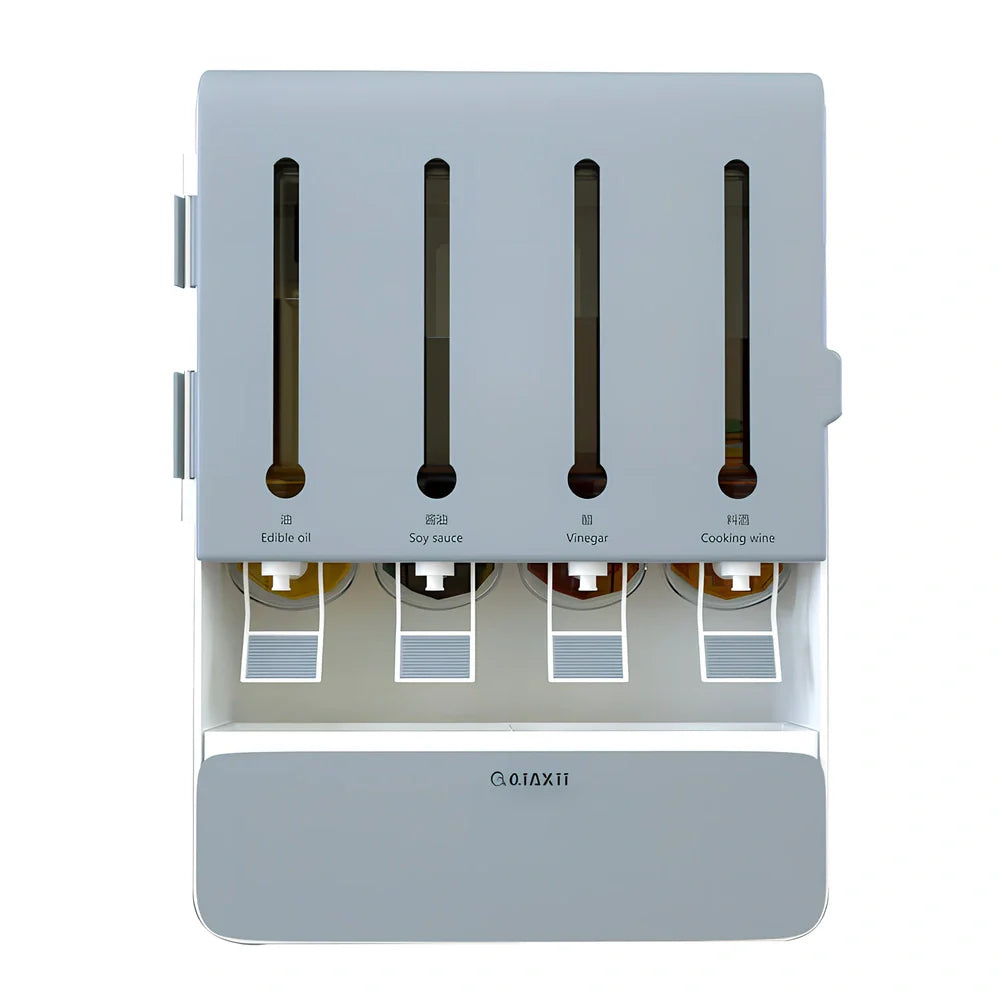 Wall-mounted grey seasoning box with four liquid and four powder compartments measuring 30x42x7cm