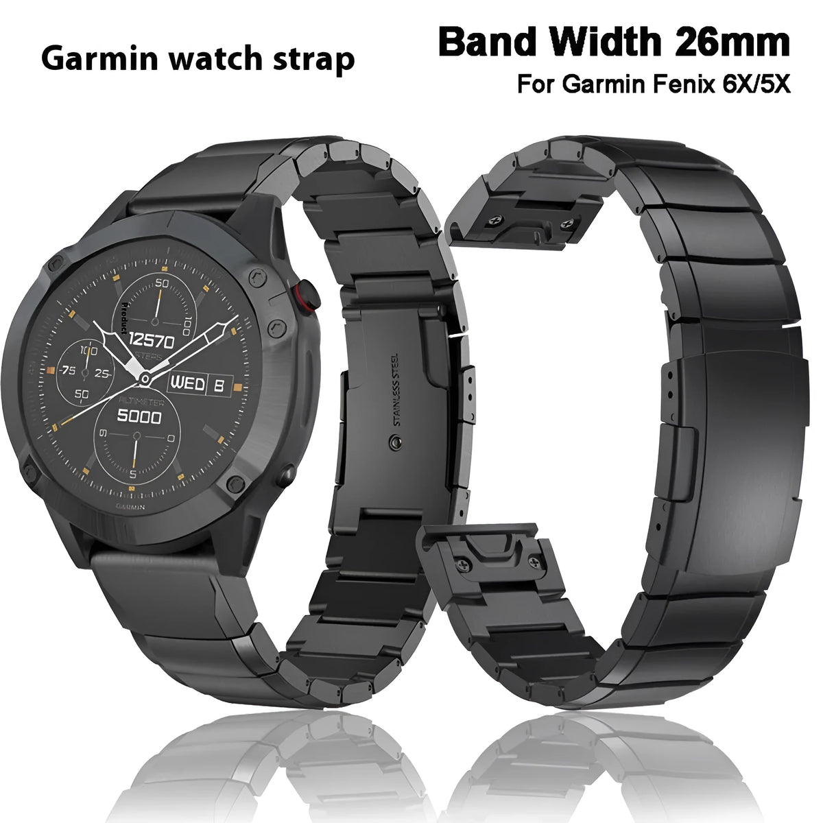 Stainless steel watch band for Garmin Fenix smartwatch, showing straight buckle and metal links.