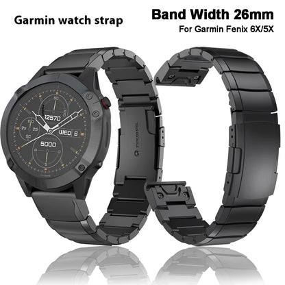 Stainless steel watch band for Garmin Fenix smartwatch, showing straight buckle and metal links.