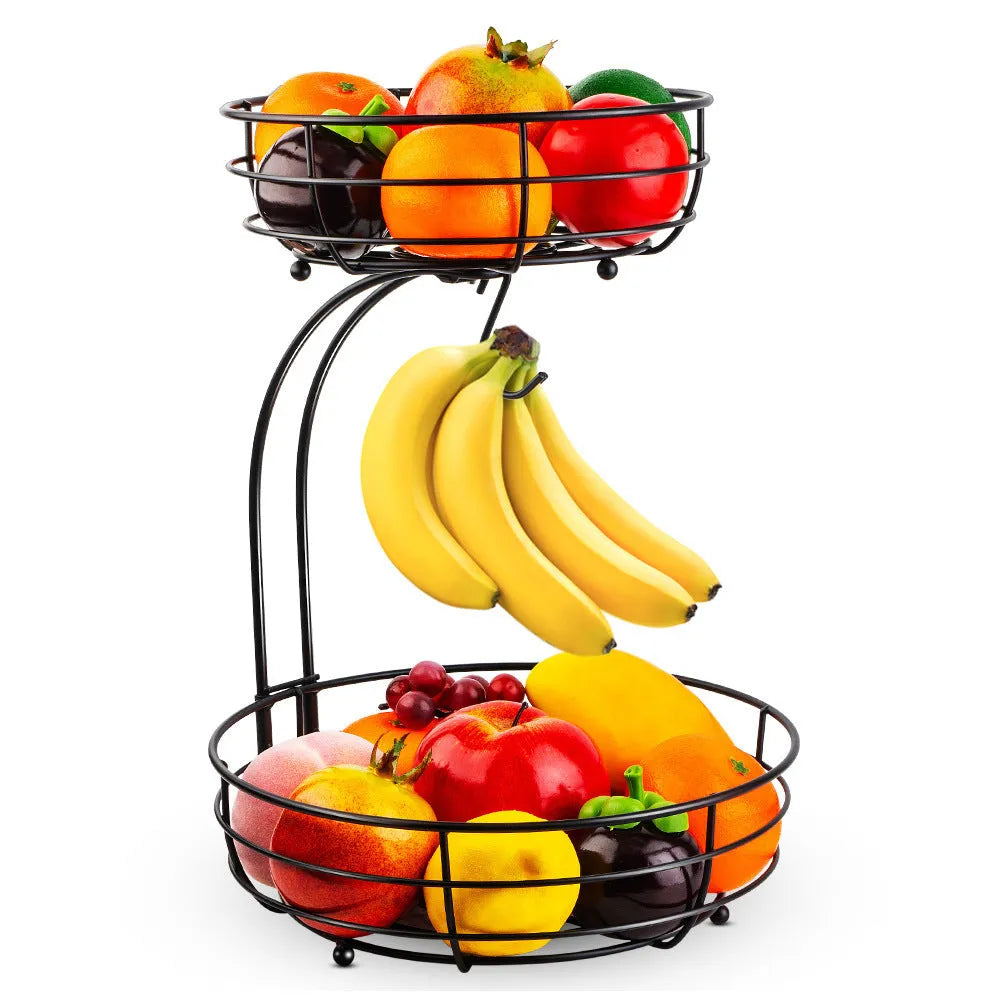 Black double-layer wrought iron fruit basket with 30cm diameter on kitchen counter