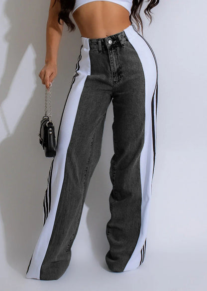 Stylish denim pants with three-stripe patchwork design in various color options