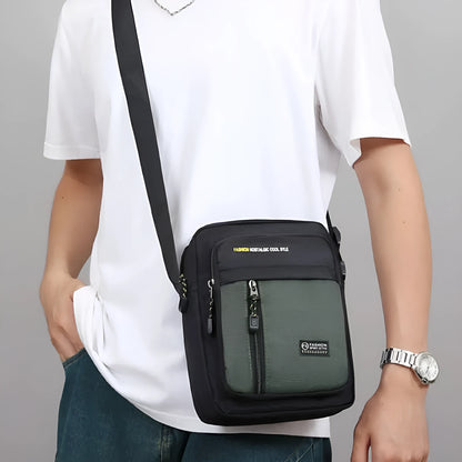 Men's casual nylon messenger bag in four colour options showing shoulder strap and visible sewing thread detailing