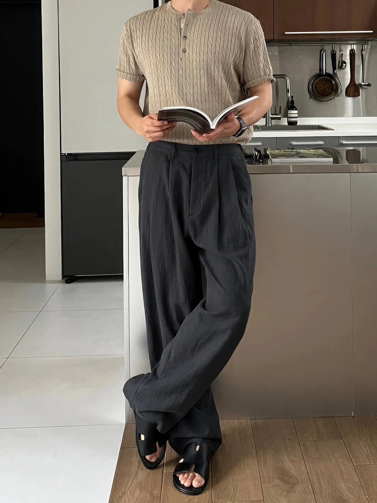 Army Green Japanese style linen trousers for men with drawstring waist