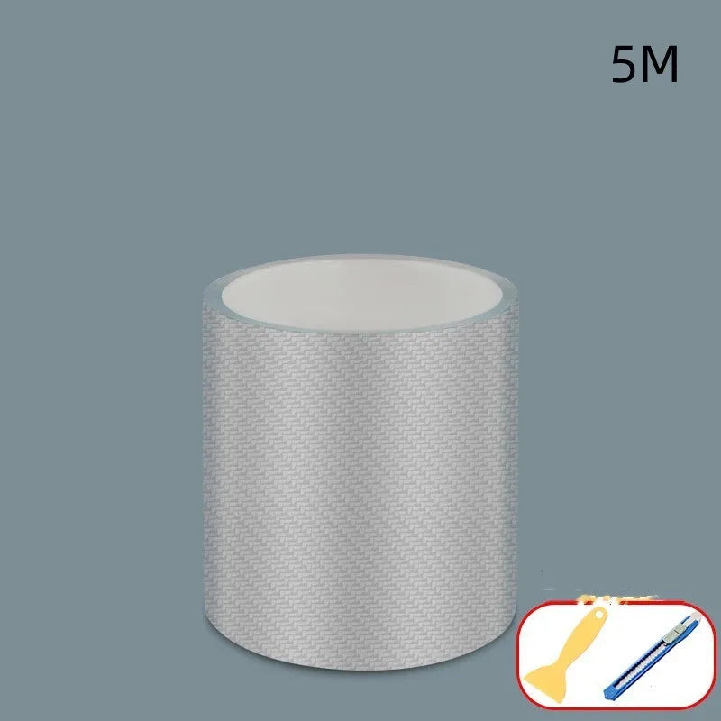 Carbon fibre grain transparent anti-collision protection strip roll for car doors with scraper and utility knife.