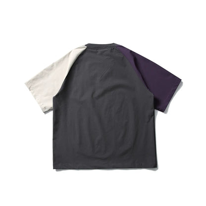Dark grey men's loose fit t-shirt with contrasting colour raglan sleeves.