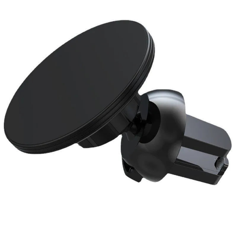 Black aluminium alloy magnetic phone holder attached to a car air vent, showing adjustable ball joint.