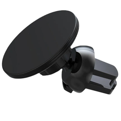 Black aluminium alloy magnetic phone holder attached to a car air vent, showing adjustable ball joint.