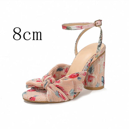 Satin bowknot fish mouth high heel sandals with thick heel and buckle fastening in black