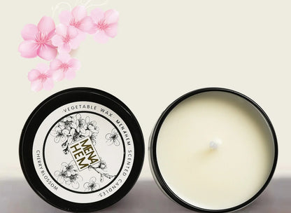 Black tin soybean wax candle measuring 6cm diameter with smokeless burning and botanical fragrance options