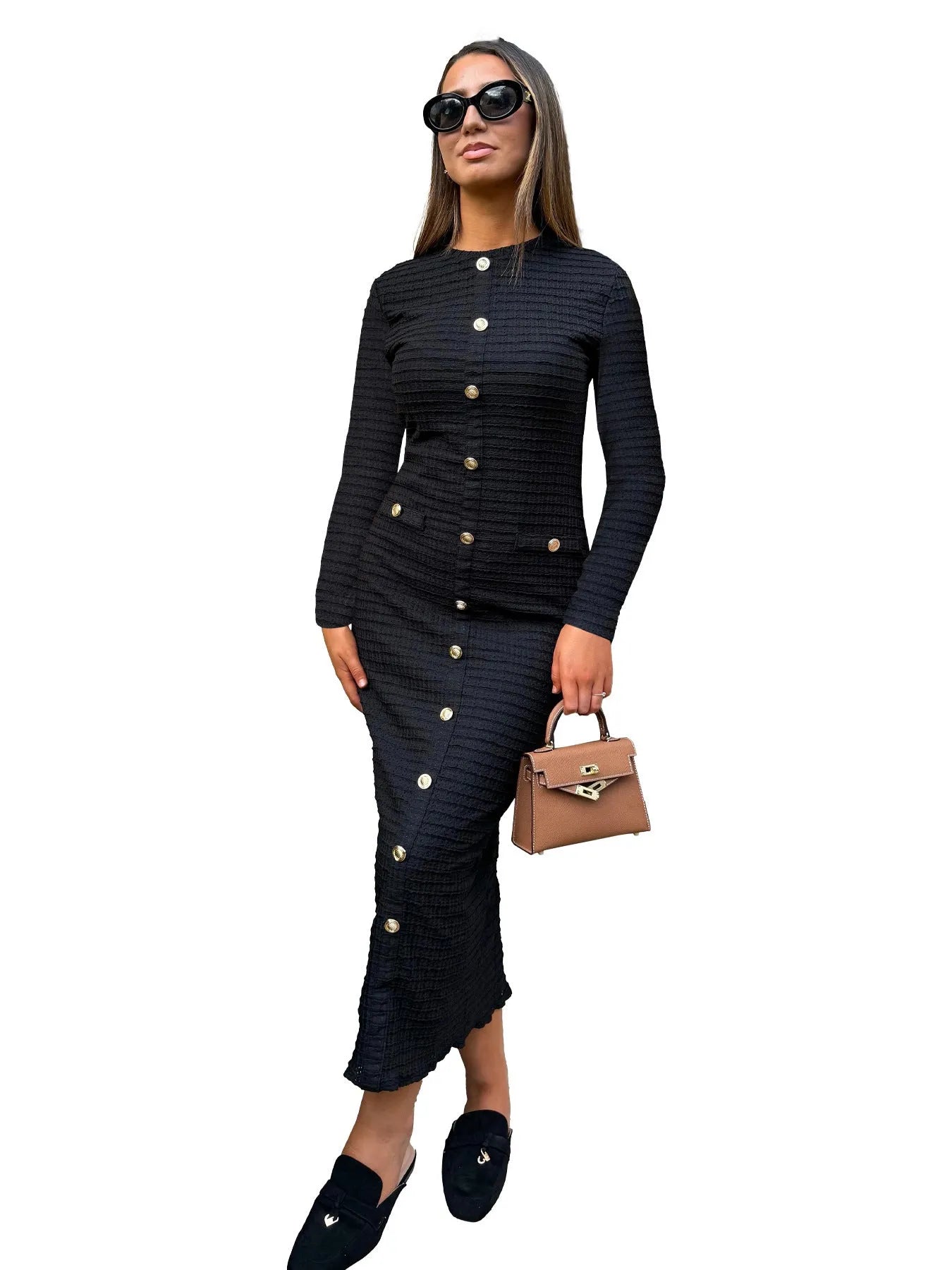 French retro slim fit knitted long-sleeved dress with button front detail in black