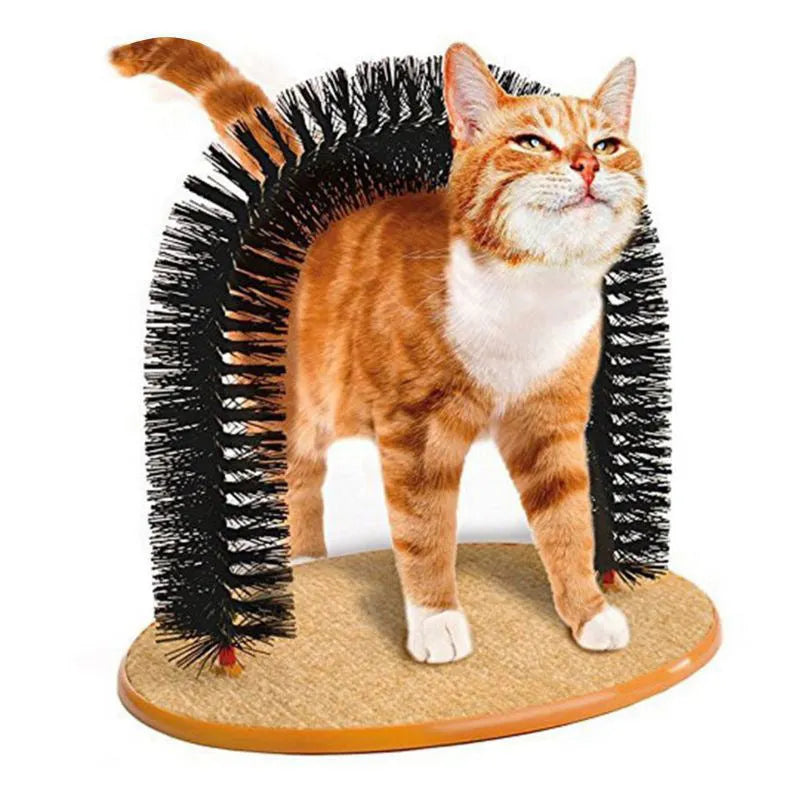 Arched cat grooming toy with built-in brush bristles for scratching and rubbing, made from durable plastic