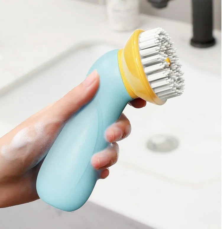 Blue hand-held pet bath brush with soft bristles for dog and cat grooming.