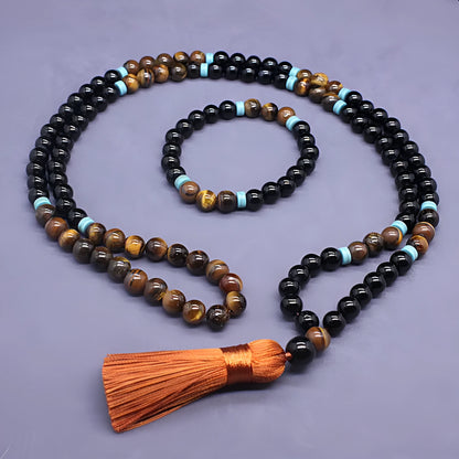 Black agate and tiger's eye bracelet and necklace set with geometric carved tiger pendant
