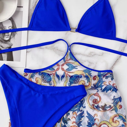 Summer Beach Bikini 3 Piece Set in blue with triangle style and chest pad