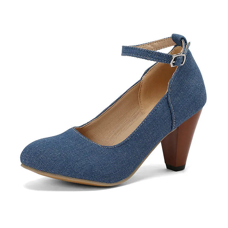 Women's blue denim platform heels with buckle closure and waterproof sole