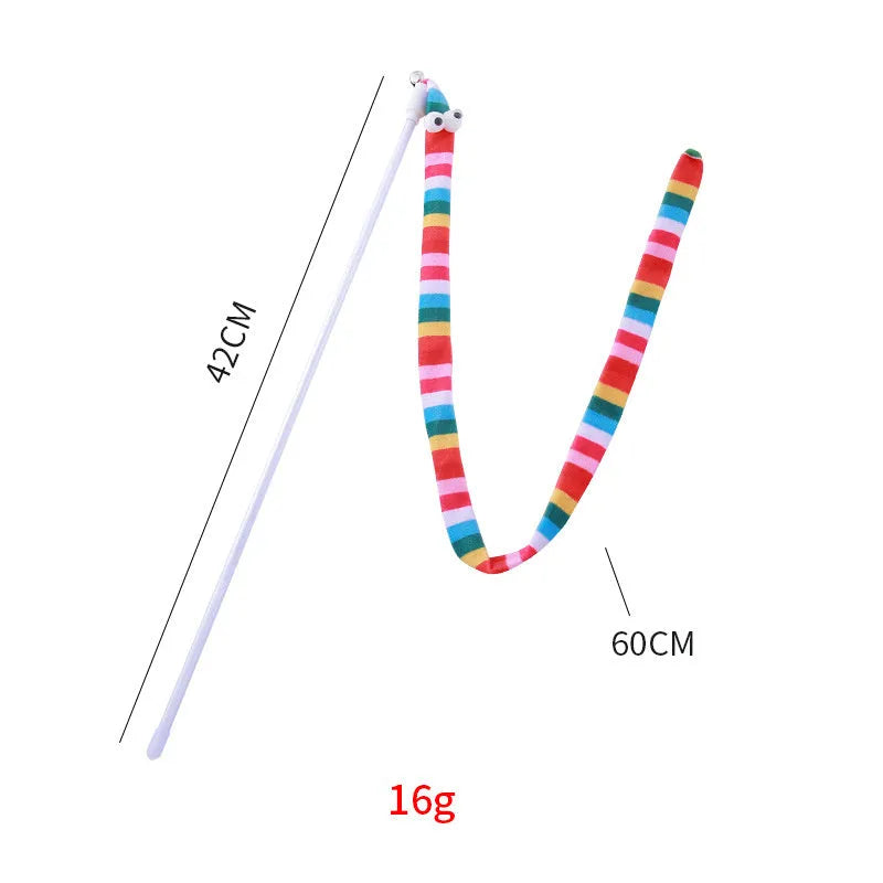Interactive cat wand toy with a polycarbonate handle and a long green plush strip with a bell.