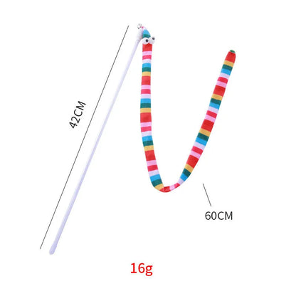 Interactive cat wand toy with a polycarbonate handle and a long green plush strip with a bell.