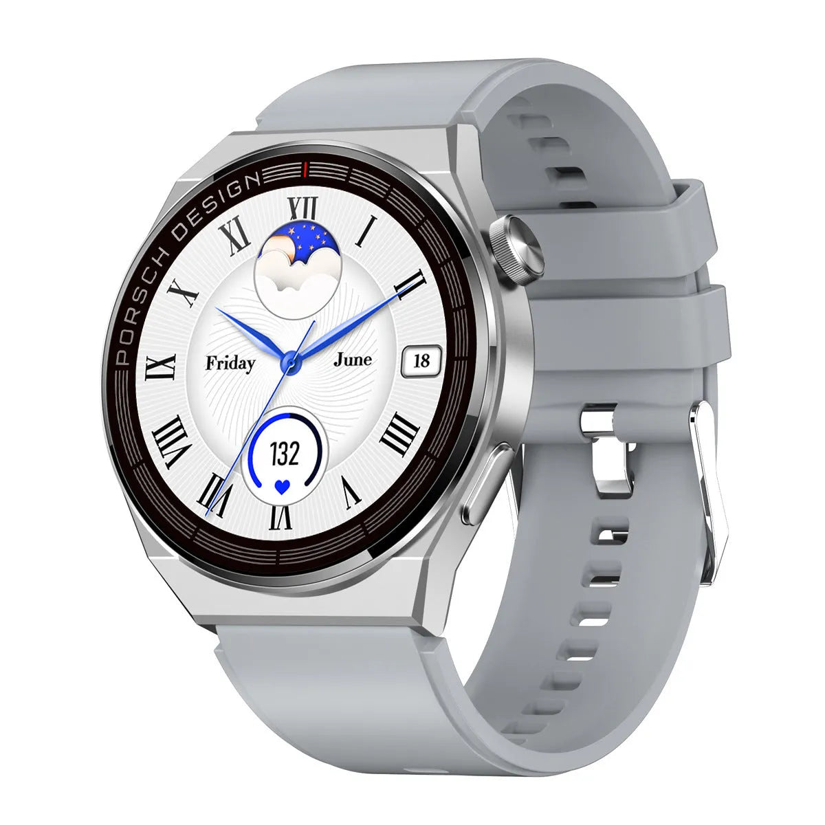 Black or silver smartwatch with a 1.39-inch glass screen on a silicone, steel, or leather-look strap.