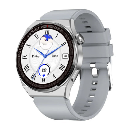 Black or silver smartwatch with a 1.39-inch glass screen on a silicone, steel, or leather-look strap.