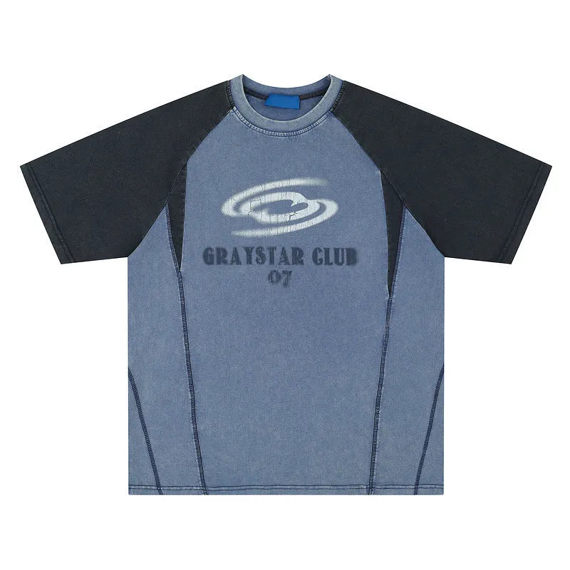 A blue men's hip hop letter print T-shirt with raglan sleeves on a hanger.