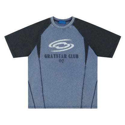 A blue men's hip hop letter print T-shirt with raglan sleeves on a hanger.