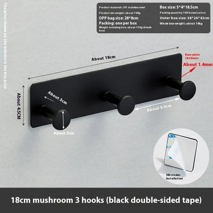 Adhesive wall hook with mushroom-shaped hooks in black or white, showing 5kg load capacity