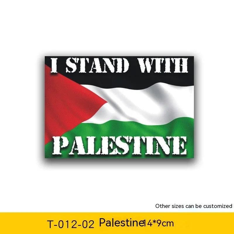 Palestinian flag car decal sticker shown on vehicle window, available in three design variations