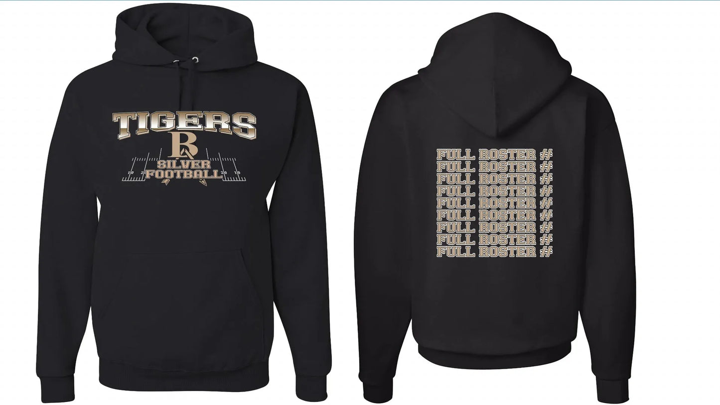 Black men's pullover hoodie with drop-shoulder sleeves and long sleeves on a mannequin.